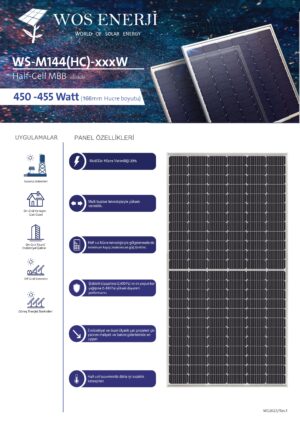 WOS ENERJİ Güneş Paneli Half Cut 450 Watt B Sınıfı Monokristal Perc 144 Hücreli