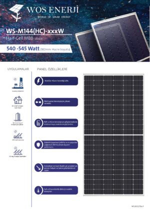 WOS ENERJİ Güneş Paneli Half Cut 540 Watt B Sınıfı Monokristal Perc 144 Hücreli