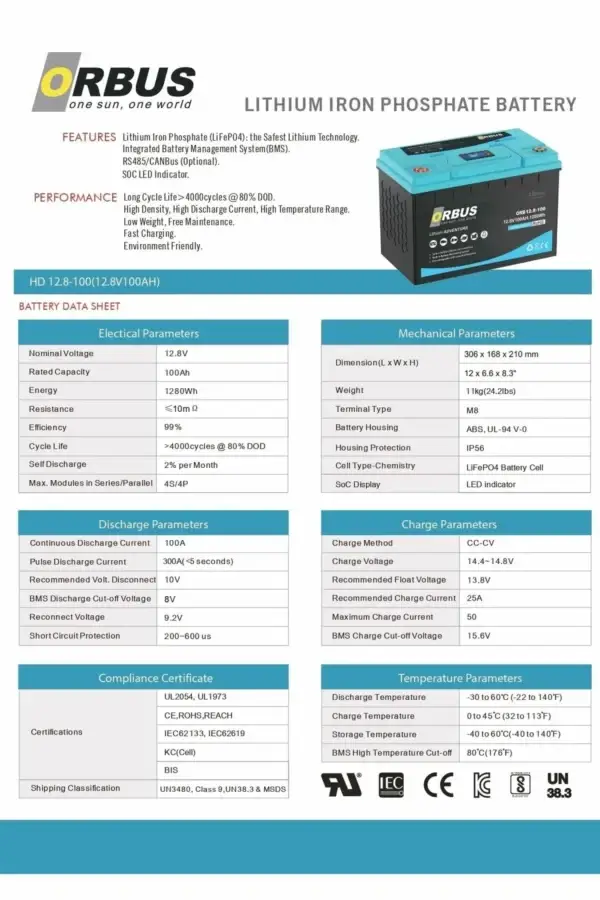 Orbus 12.8 V Volt 100 Amper Lityum Lifepo4 Akü - Görsel 2