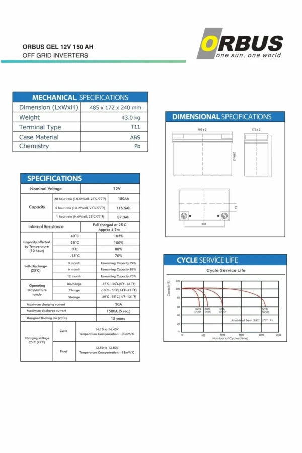 Orbus 12 V Volt 150 Ah A Amper Karbon Jel Akü Derin Döngü - Görsel 2