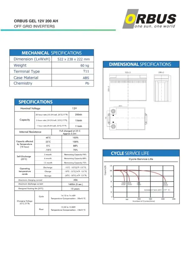 Orbus 12 V Volt 200 Ah A Amper Karbon Jel Akü Derin Döngü - Görsel 2