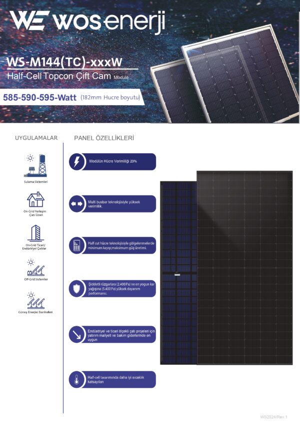 WOS ENERJİ 585 W Watt Güneş Paneli Half-Cut Topcon Çift Cam Solar Panel (Çift Yönlü) - Görsel 3