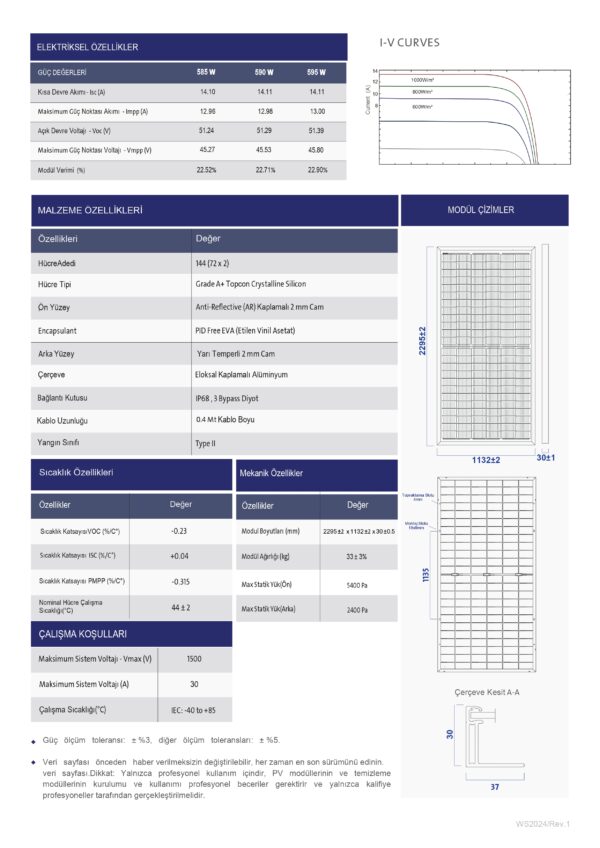 WOS ENERJİ 585 W Watt Güneş Paneli Half-Cut Topcon Çift Cam Solar Panel (Çift Yönlü) - Görsel 4